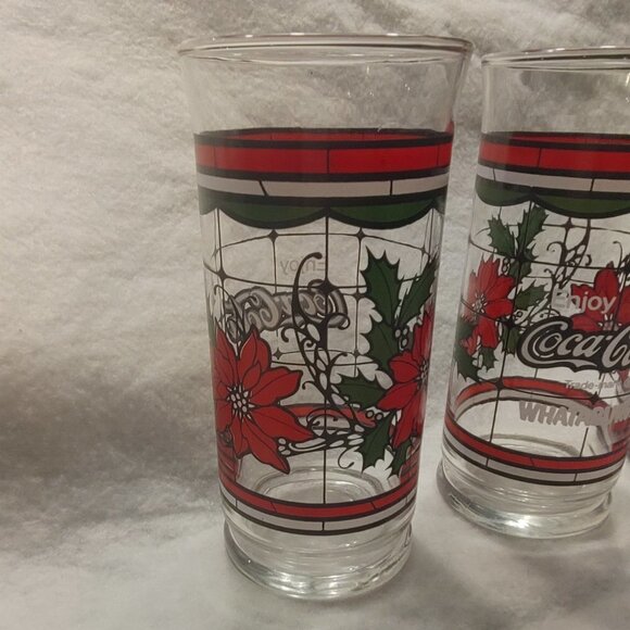 Vintage Coca Cola Christmas Holiday Poinsettia Glasses Set of 3 - Picture 5 of 8